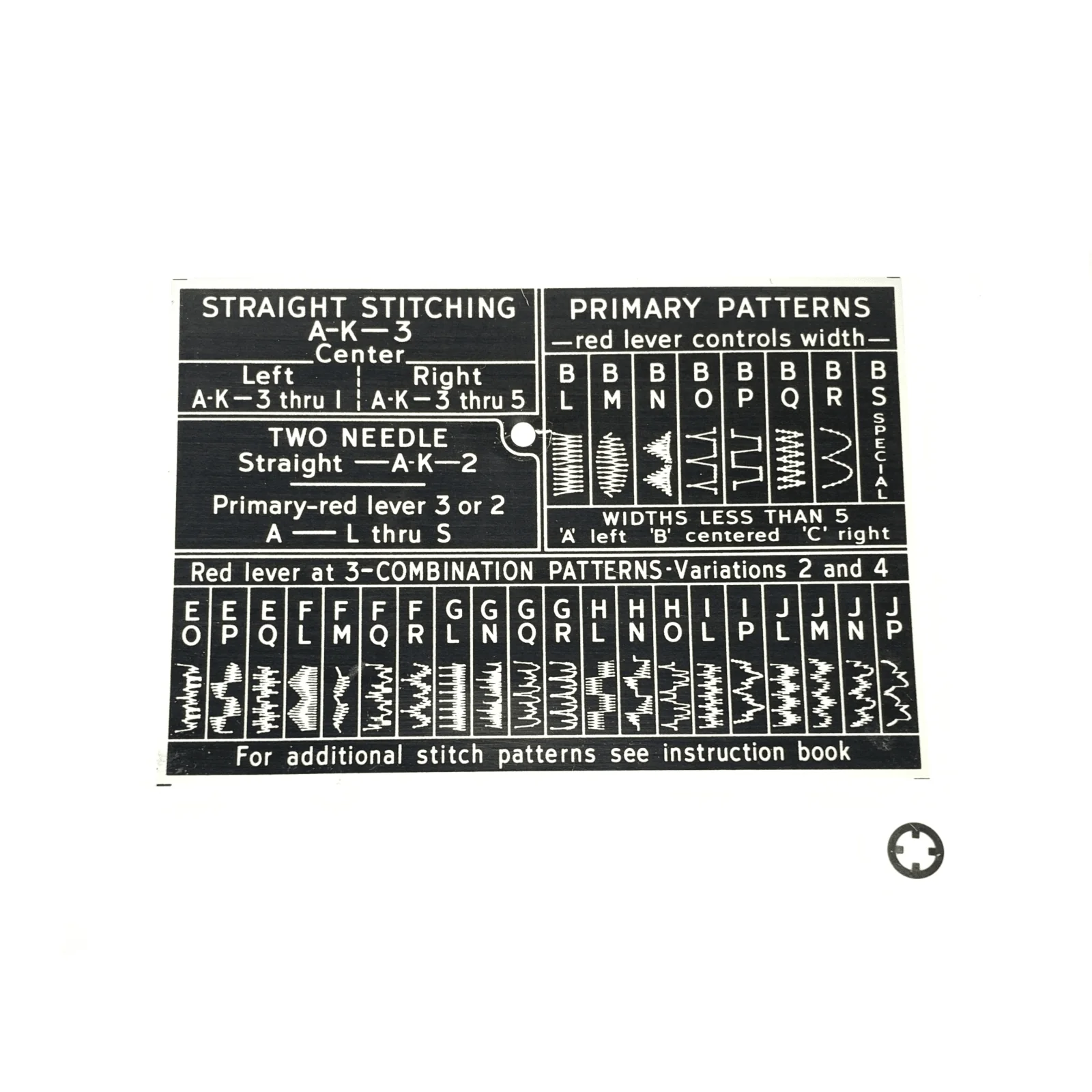 Singer 401 401A Sewing Machine Stitch Pattern Chart for Flip Up Lid