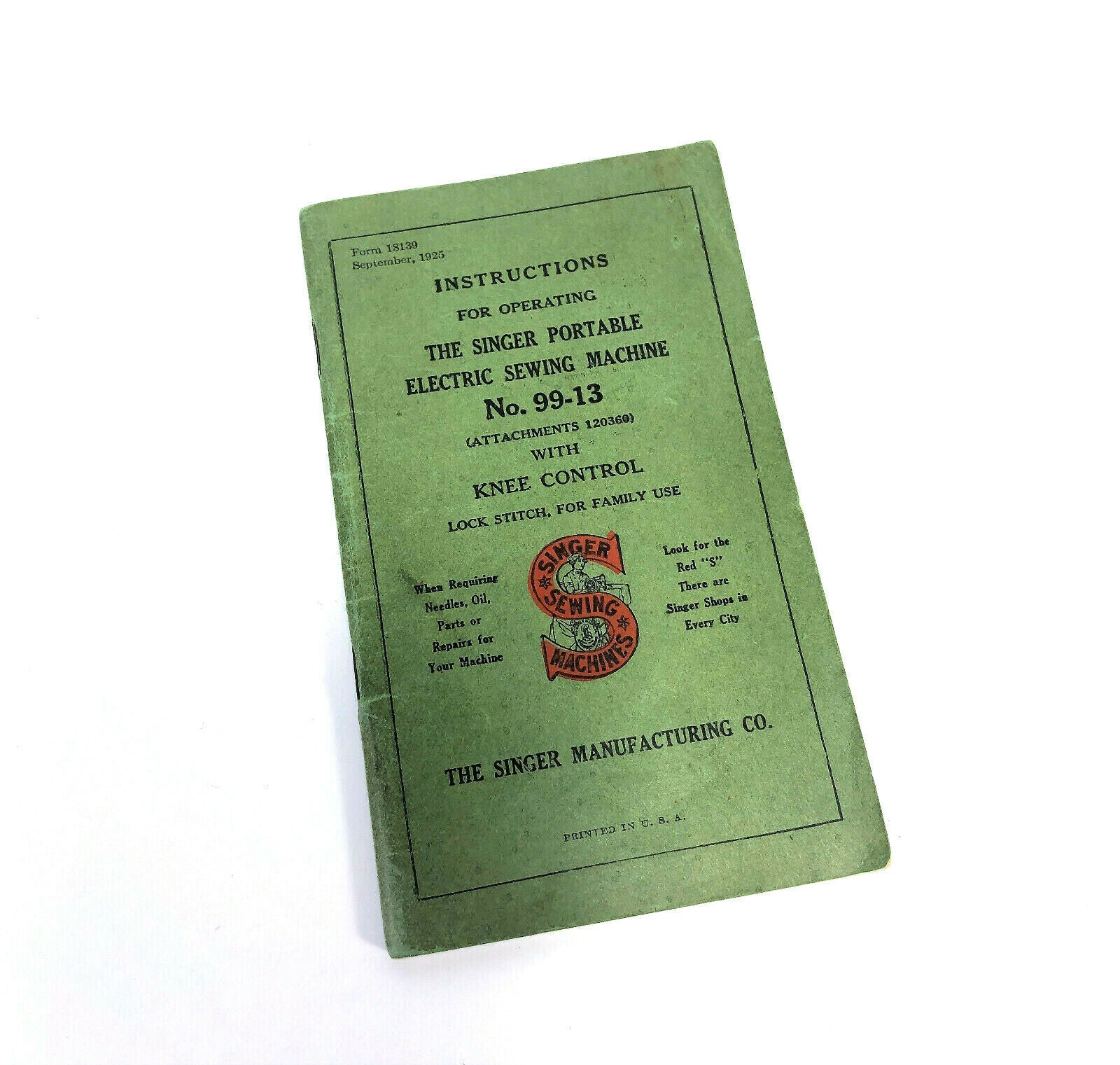 Singer 99-13 Sewing Machine w Knee Lever Instruction Manual Vintage Original 1925