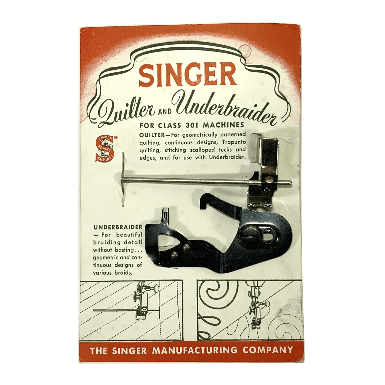 Singer Class 301 Sewing Machine Slant Shank Quilting Foot and Underbraider Set on Card