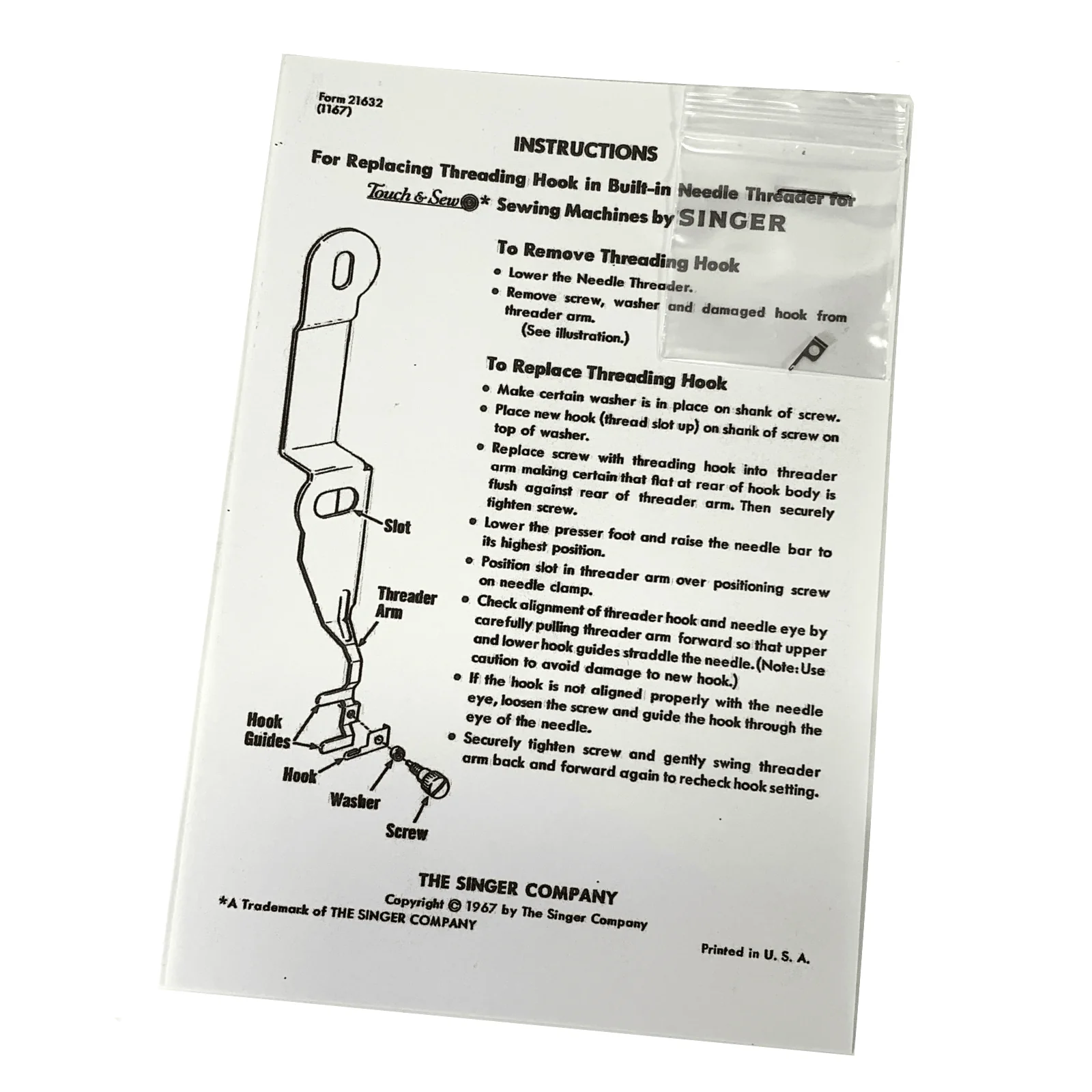 Singer Touch & Sew Sewing Machine Hook for Built-In Needle Threader Simanco 163429